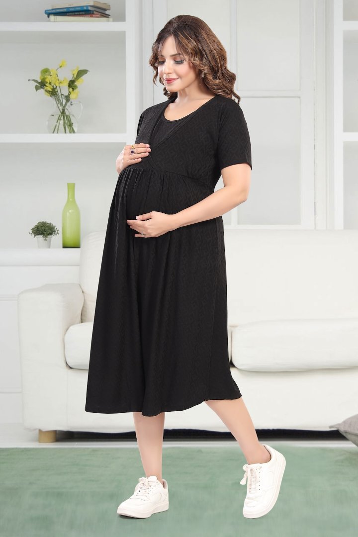 Carbon Black Textured Feeding Dress | Pregnancy Wear M Carbon Black Textured Feeding Dress | Pregnancy Wear M
