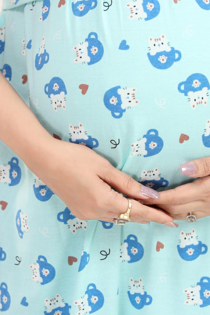 Soft Blue Printed Maternity Zipless Nightie