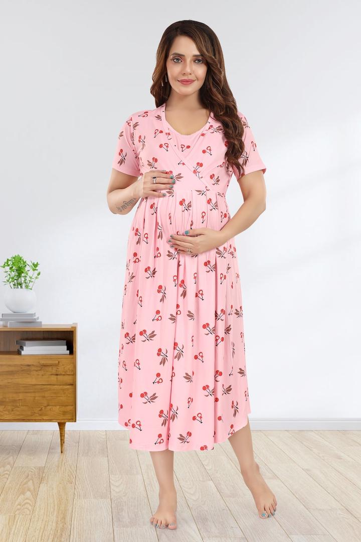 Light Pink Printed Maternity Feeding Dress