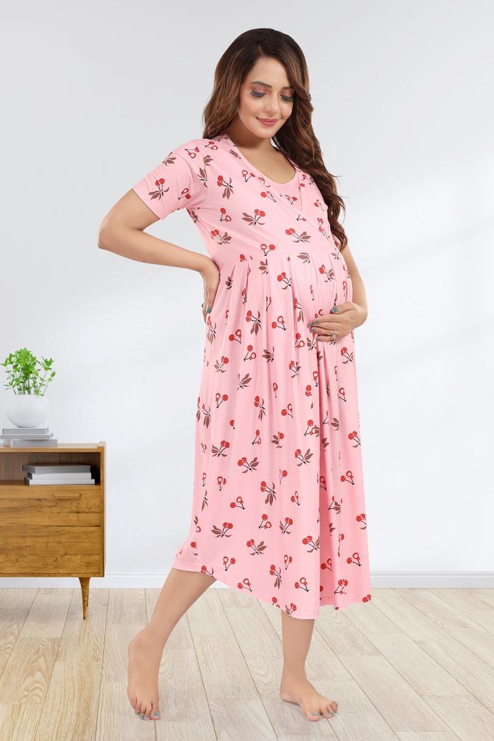 Light Pink Printed Maternity Feeding Dress
