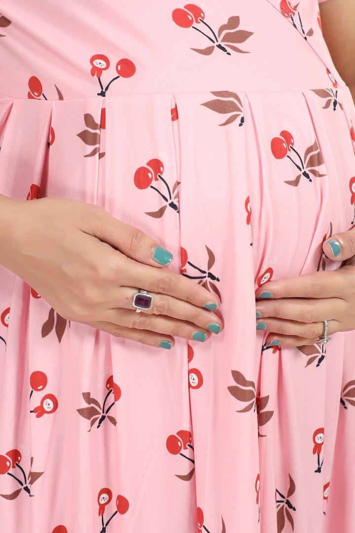 Light Pink Printed Maternity Feeding Dress