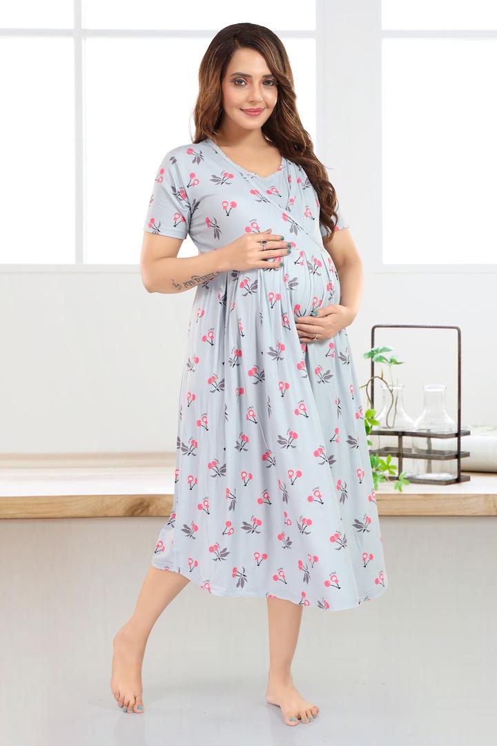 Metallic Gray Printed Maternity Feeding Dress