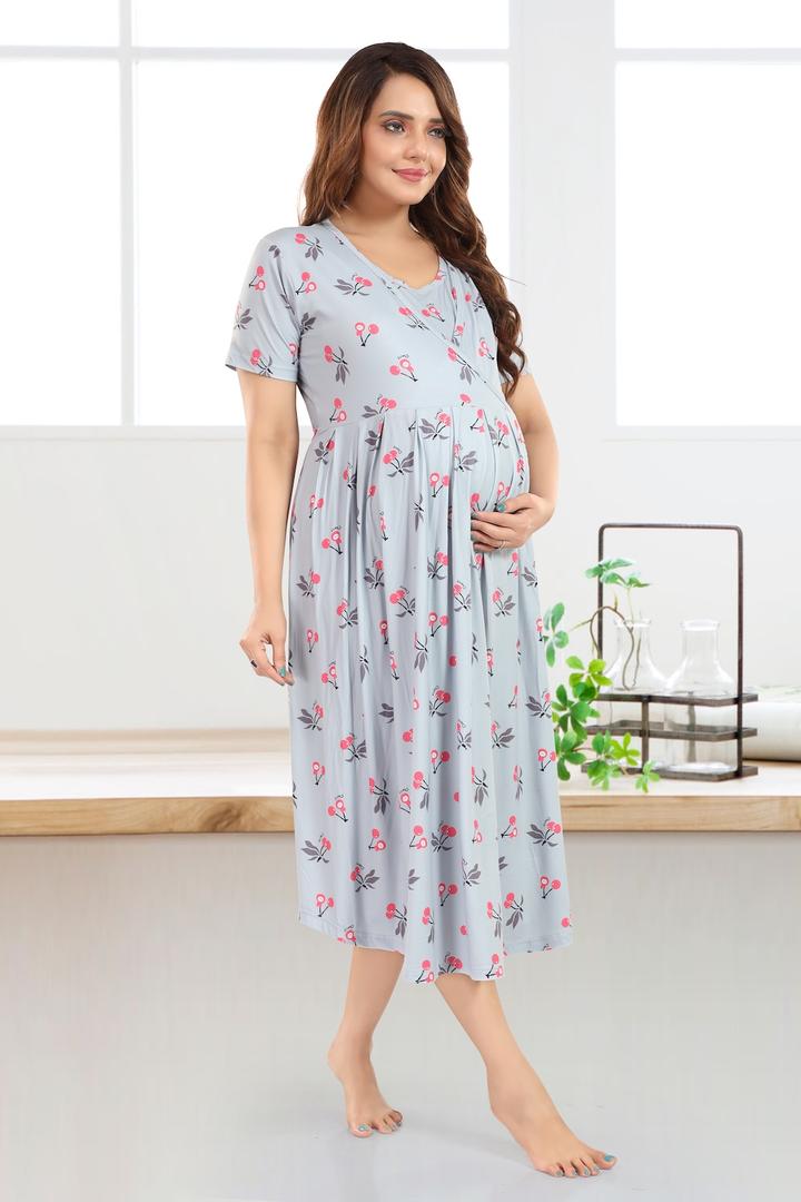 Metallic Gray Printed Maternity Feeding Dress