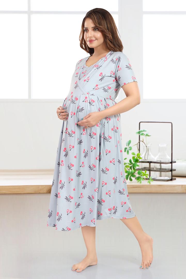 Metallic Gray Printed Maternity Feeding Dress
