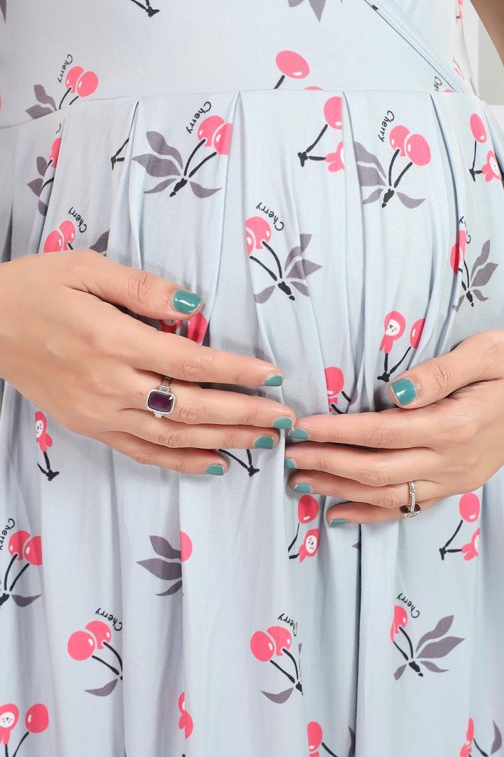 Metallic Gray Printed Maternity Feeding Dress