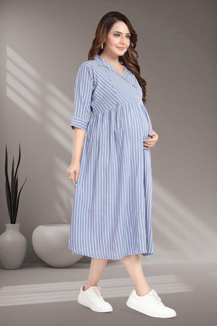 Blue Striper Cross Over Feeding Dress