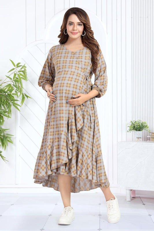 Burnt Brown Chequered Angrakha Maternity Dress
