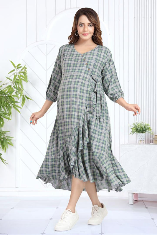 Grey Chequered Angrakha Pattern Maternity Dress