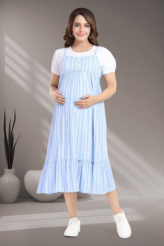 Sky Blue Striper Pinafore Feeding Dress
