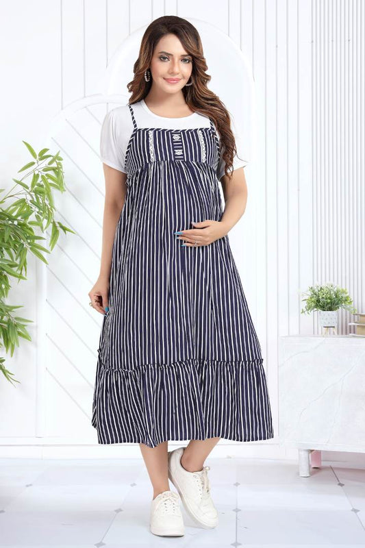 Ink Blue Striper Pinafore Feeding Dress