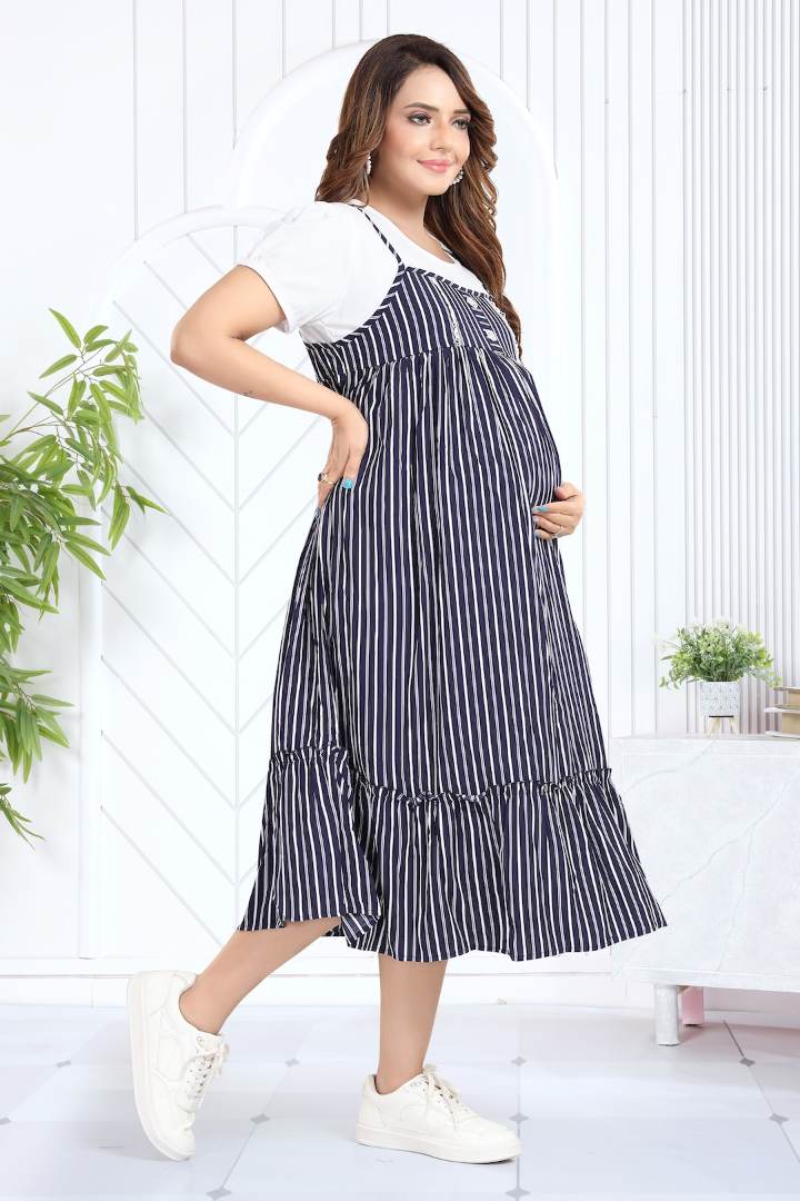 Ink Blue Striper Pinafore Feeding Dress