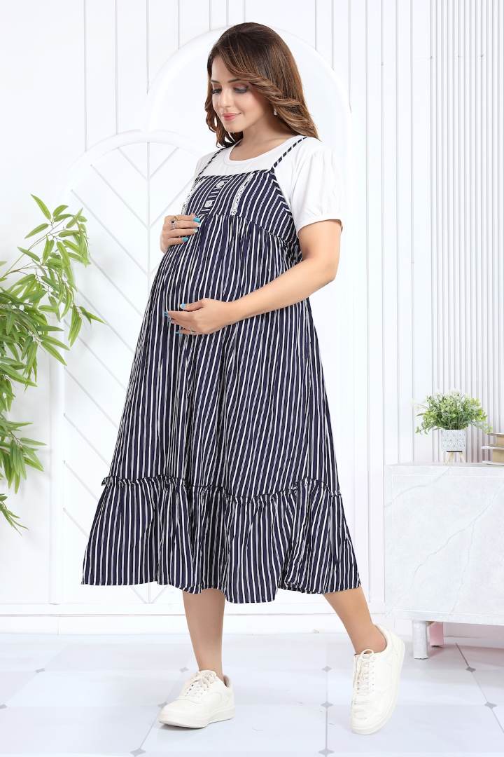 Ink Blue Striper Pinafore Feeding Dress