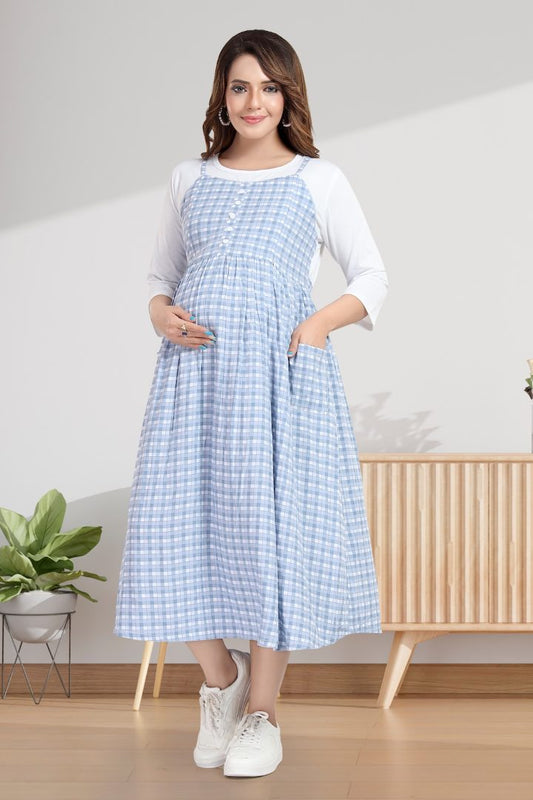 Baby Blue Chequered Pinafore Maternity Dress