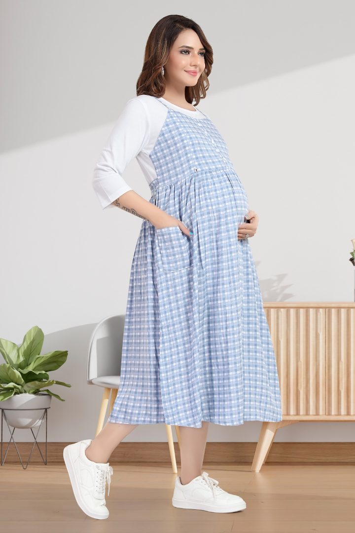 Baby Blue Chequered Pinafore Maternity Dress