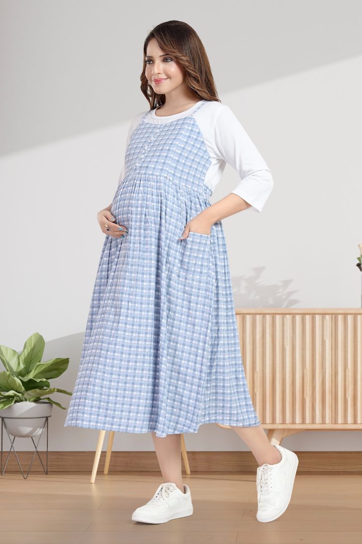 Baby Blue Chequered Pinafore Maternity Dress