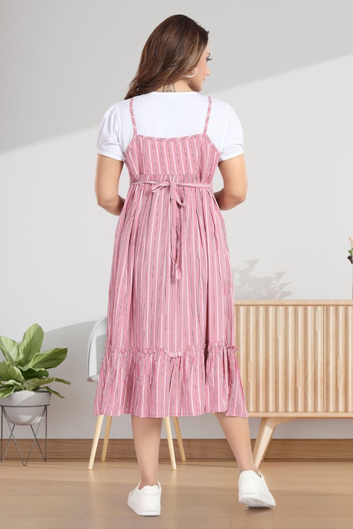 Dusty Pink Striper Pinafore Feeding Dress
