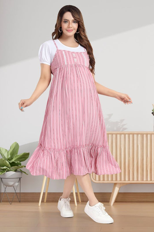 Dusty Pink Striper Pinafore Feeding Dress