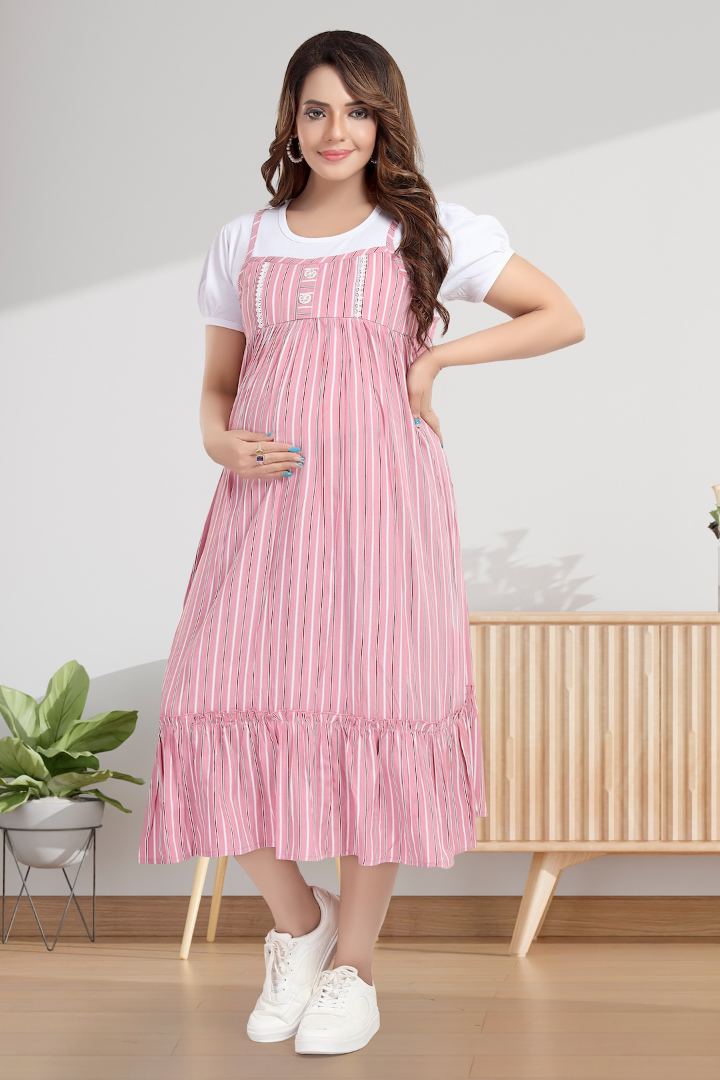 Dusty Pink Striper Pinafore Feeding Dress