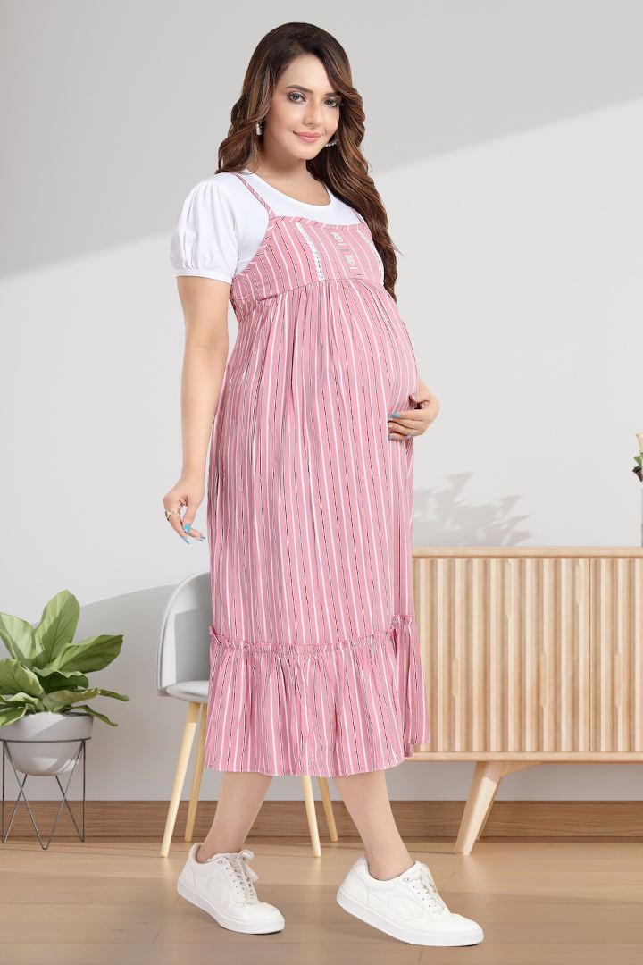 Dusty Pink Striper Pinafore Feeding Dress