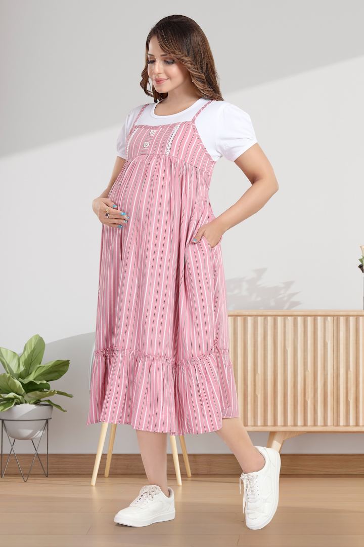 Dusty Pink Striper Pinafore Feeding Dress