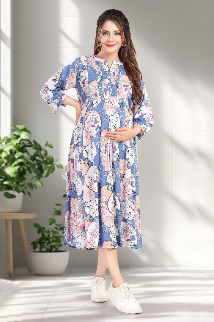 Pacific Blue Floral Printed Feeding Dress