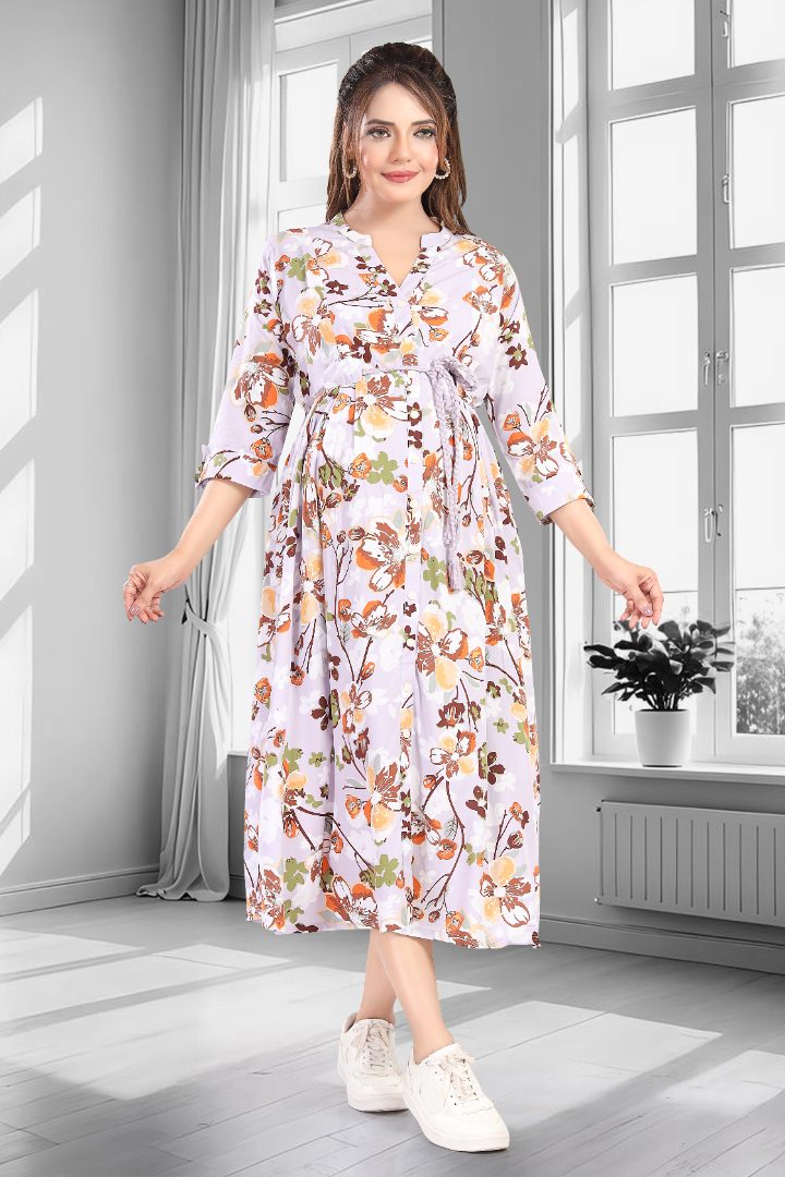 Pastel Lilac Floral Printed Feeding Dress