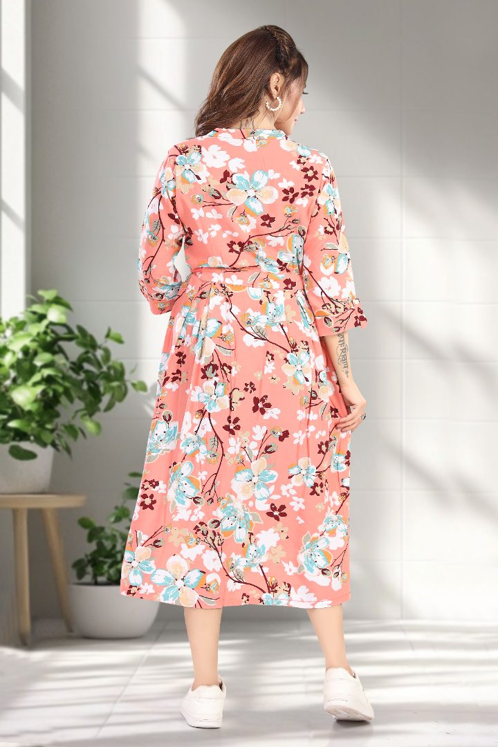 Tomato Pink Floral Printed Feeding Dress