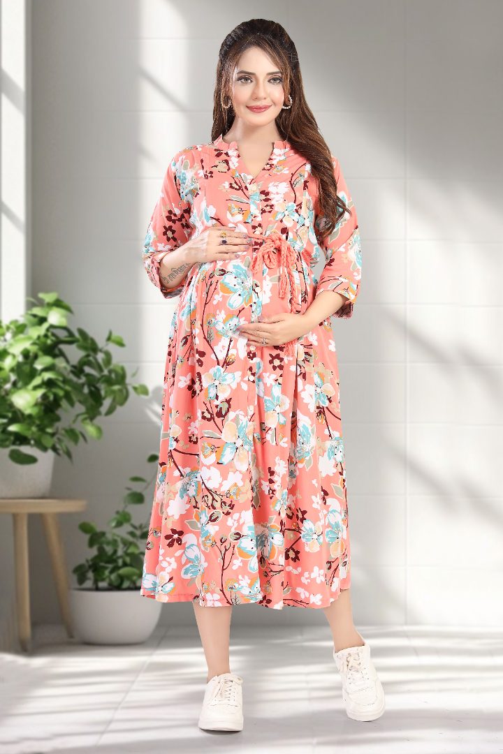 Tomato Pink Floral Printed Feeding Dress