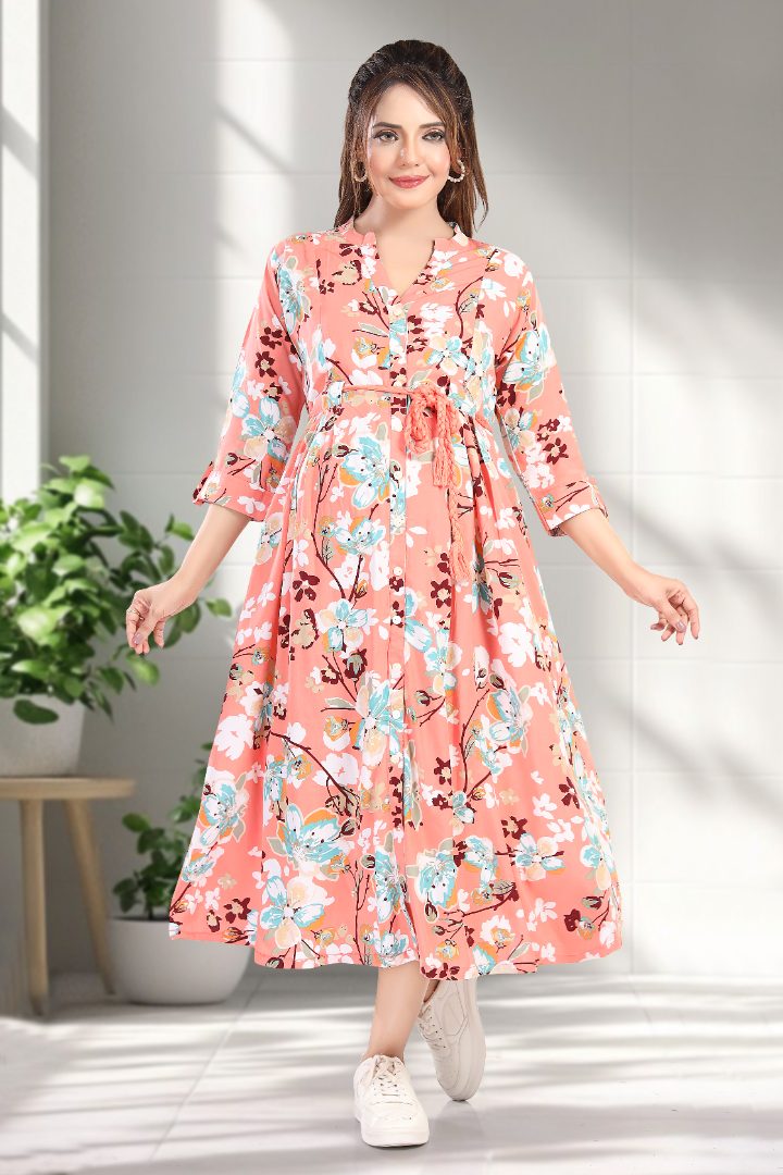 Tomato Pink Floral Printed Feeding Dress