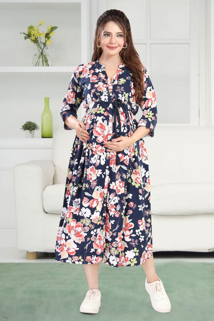 Deep Navy Floral Printed Nursing Dress