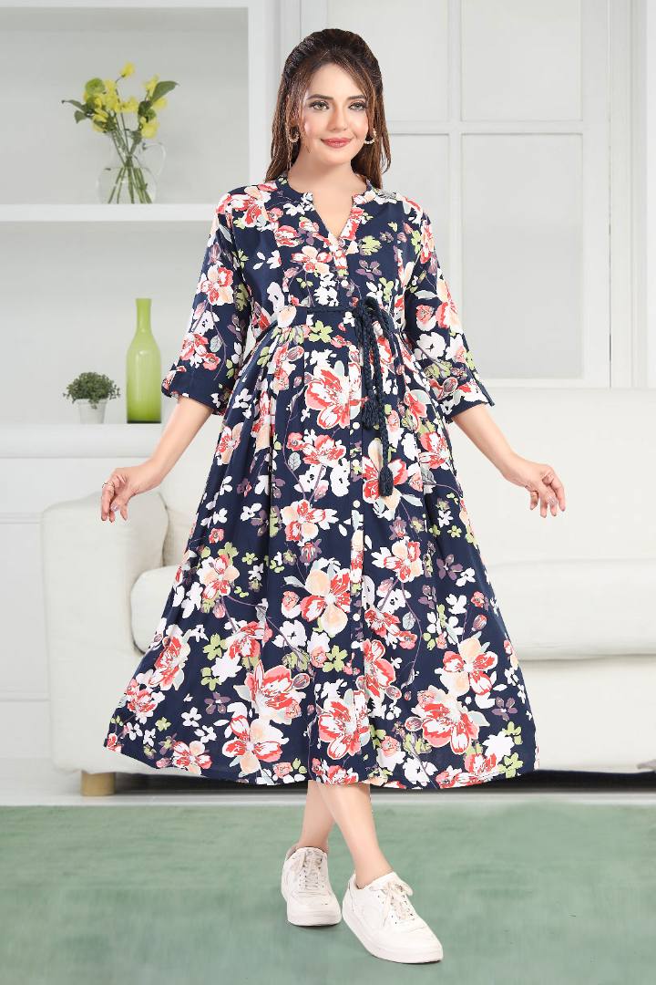 Deep Navy Floral Printed Nursing Dress