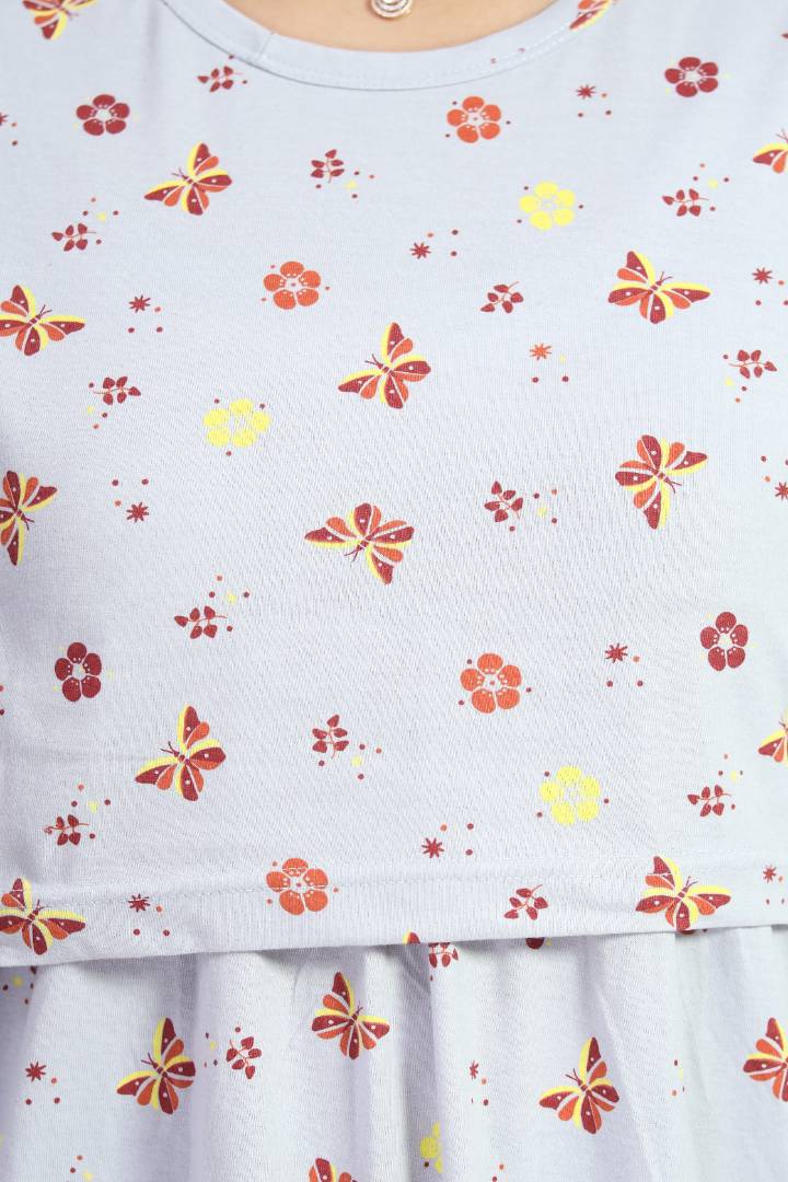 Steel Grey Printed Feeding Night Dress