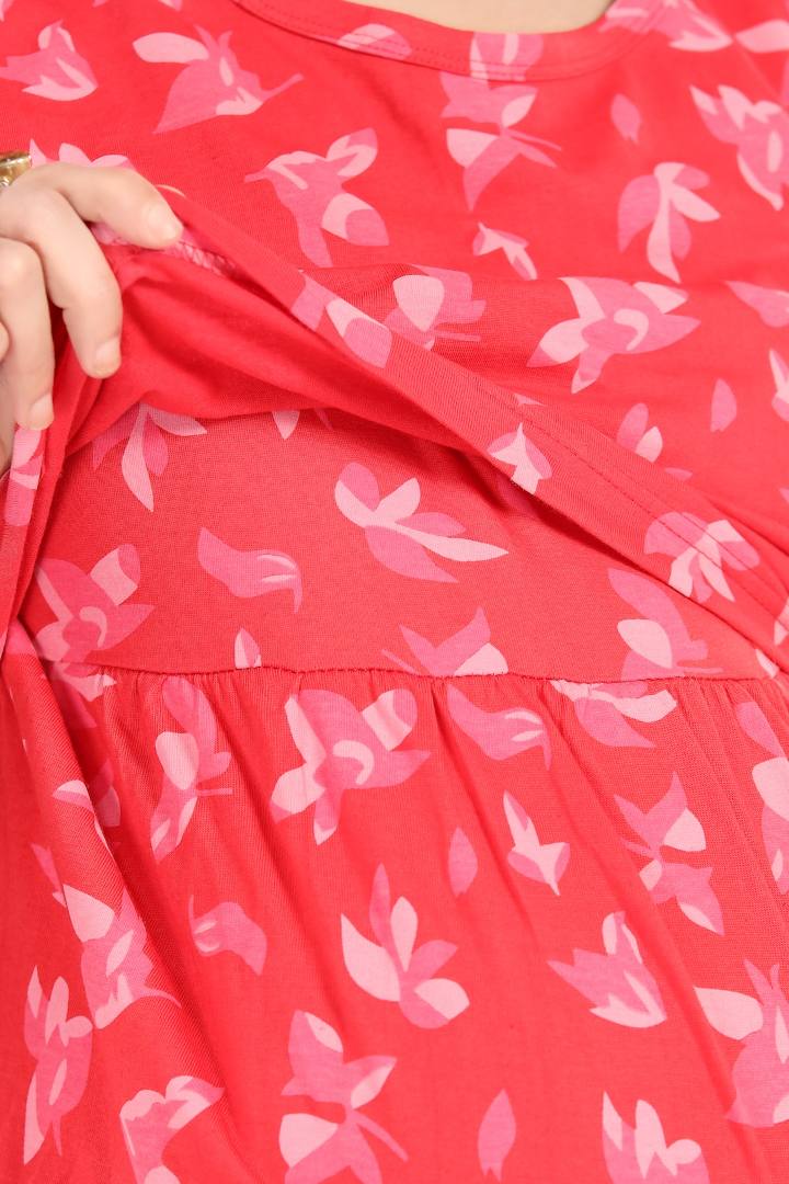 Scarlet Red Printed Feeding Nightie
