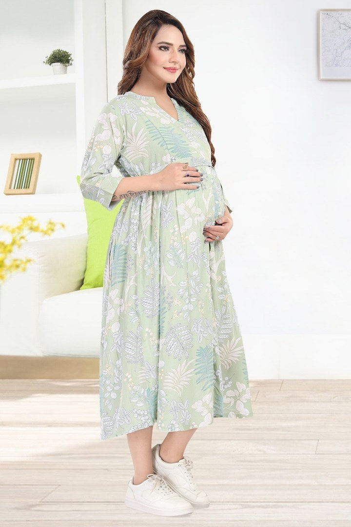 Dewy Mint Foliage Printed Maternity Dress