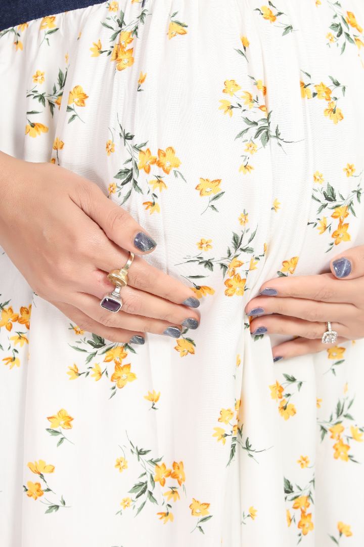 Half And Half Printed Denim Nursing Dress