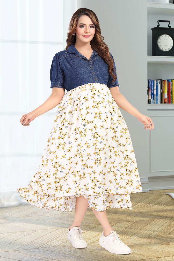 Half and Half Butterfly Denim Feeding Dress