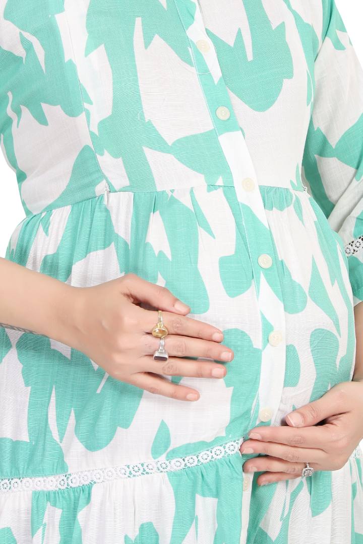 Turquoise Blue Linen Maternity Dress