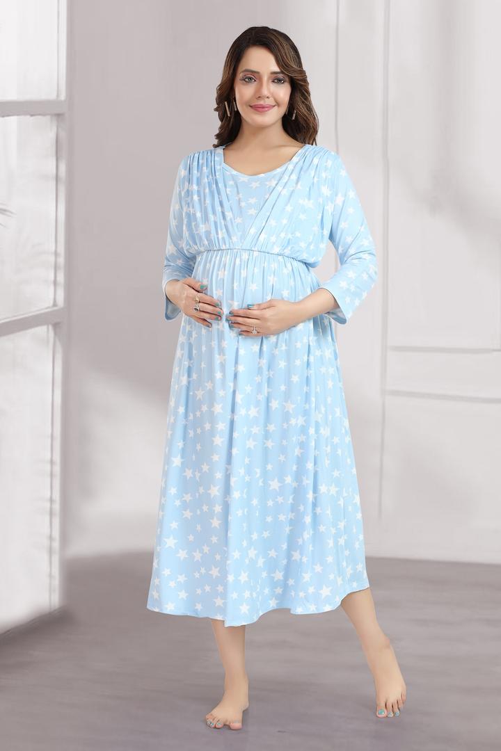 Pastel Blue Star Printed Feeding Dress