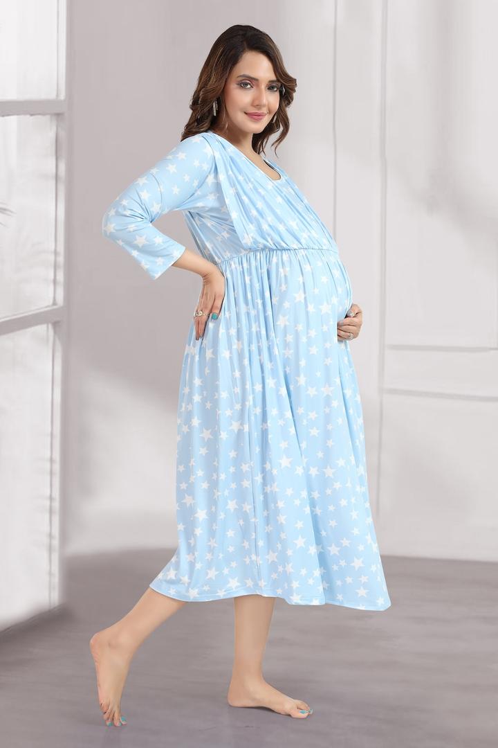Pastel Blue Star Printed Feeding Dress