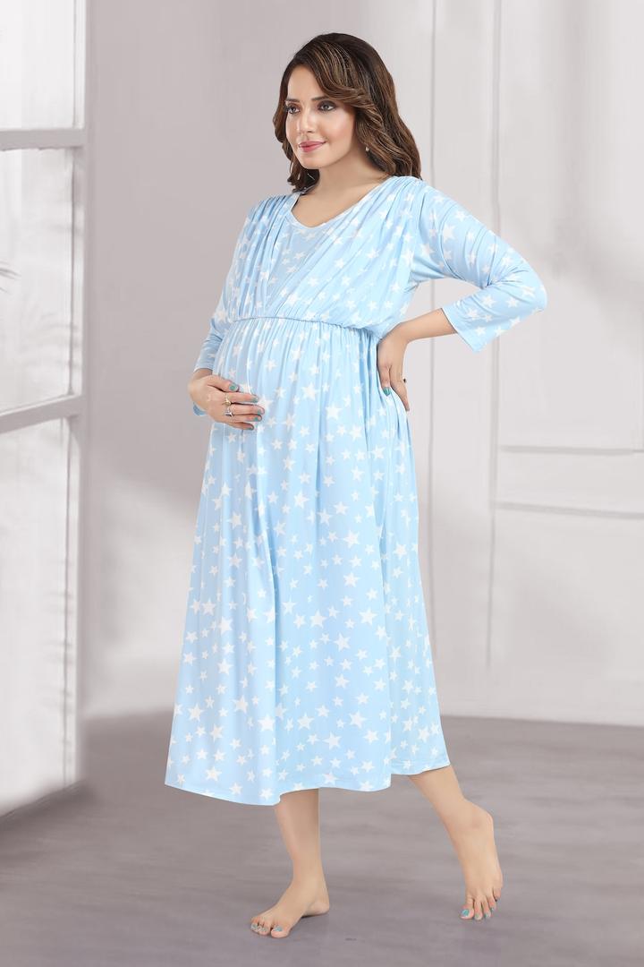 Pastel Blue Star Printed Feeding Dress