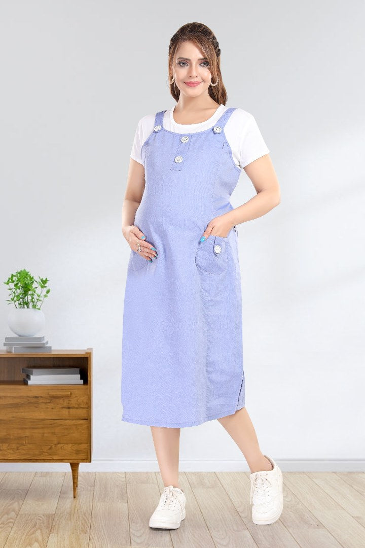 denim maternity pinafore dress Mid Wash Maternity Denim Pinafore Dress