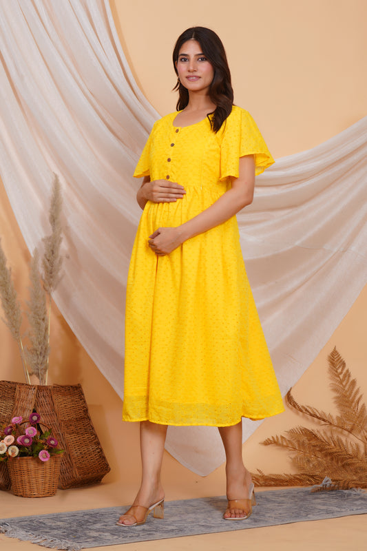 Pop Yellow Chikankari Feeding Dress