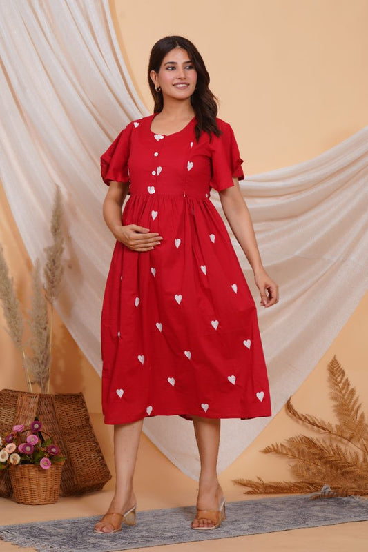 Cheerful Red Printed Feeding Dress