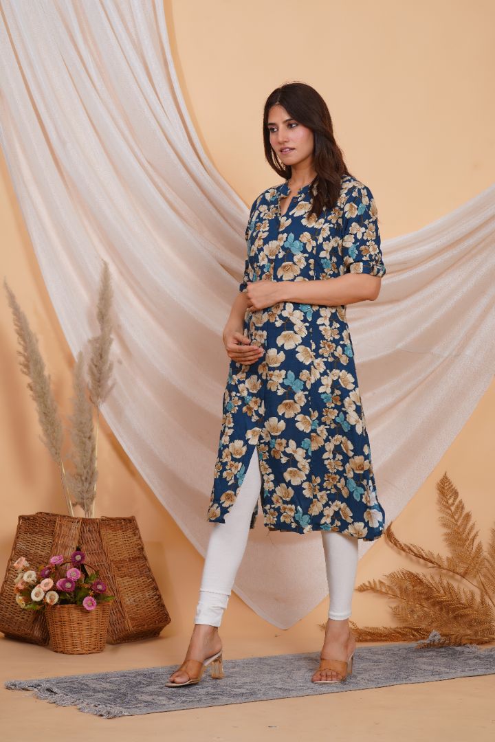 Prussian Blue Printed Feeding Kurta