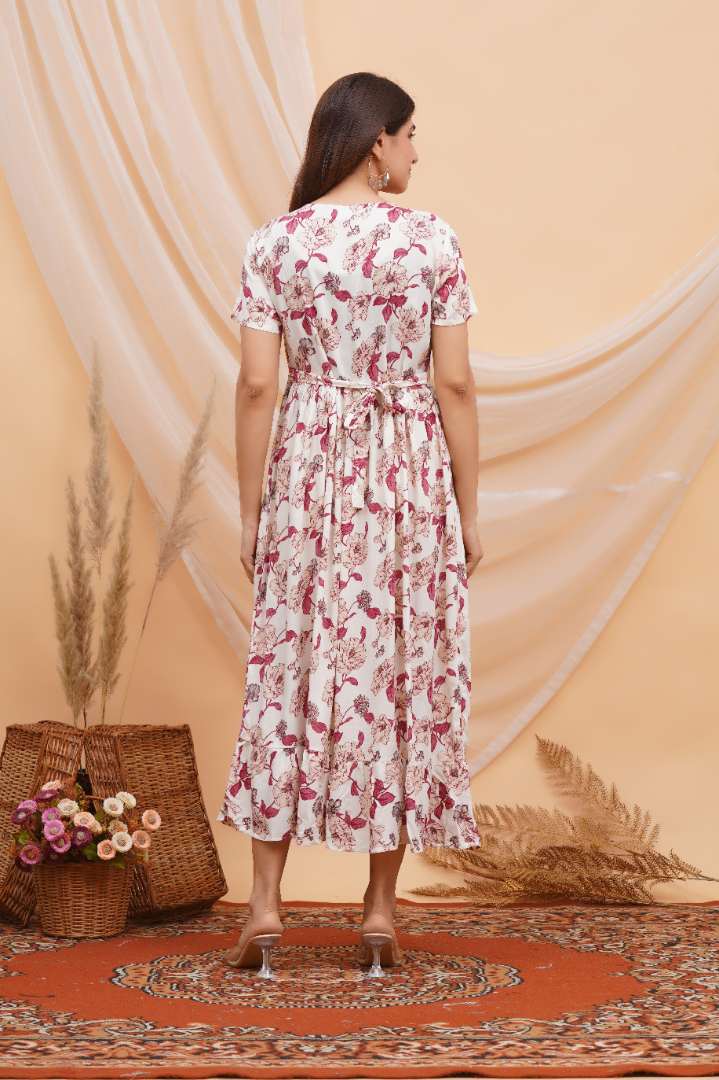 Maroon Flower Foil Printed Feeding Dress