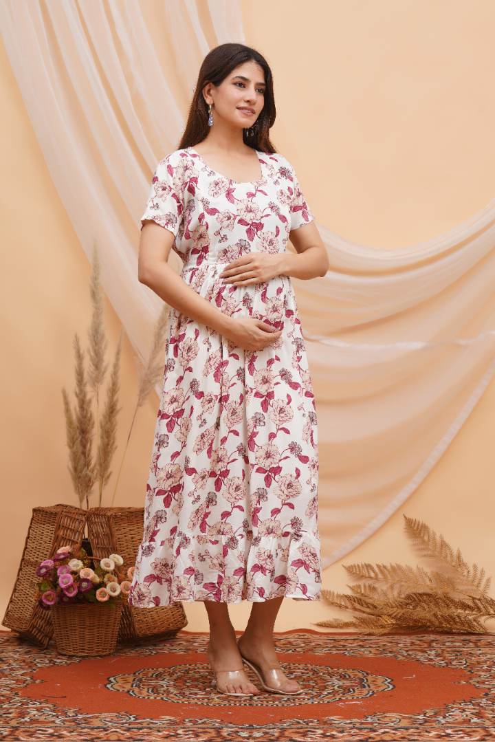 Maroon Flower Foil Printed Feeding Dress