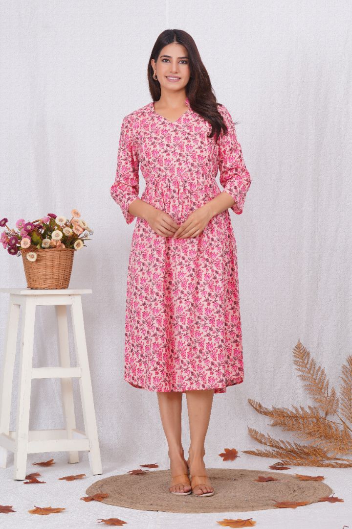 Lotus Pink Printed Nursing Kurta