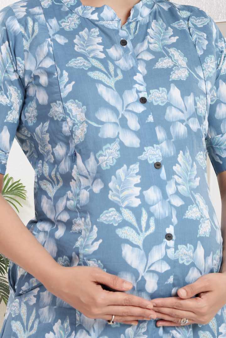Greyish Blue Printed Feeding Kurta