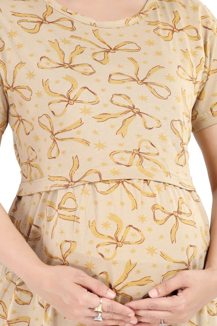 Beige Bow Printed Zipless Nightie
