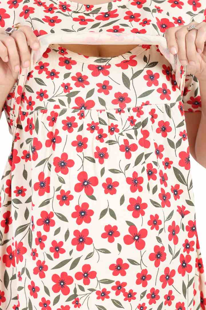 Red Flower Zipless Feeding Nightie